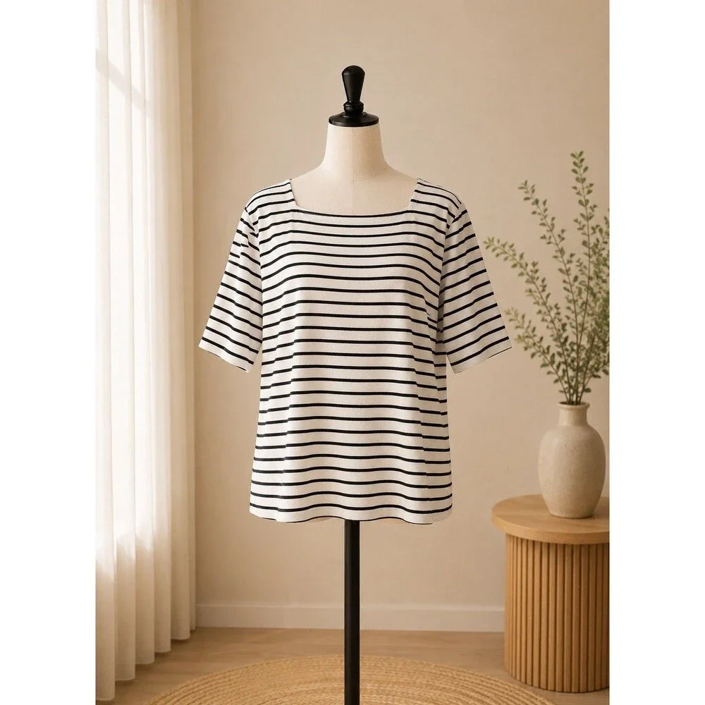 Croft & Barrow 100% Cotton Women’s Crew Neck Striped Top Size XL Black/White